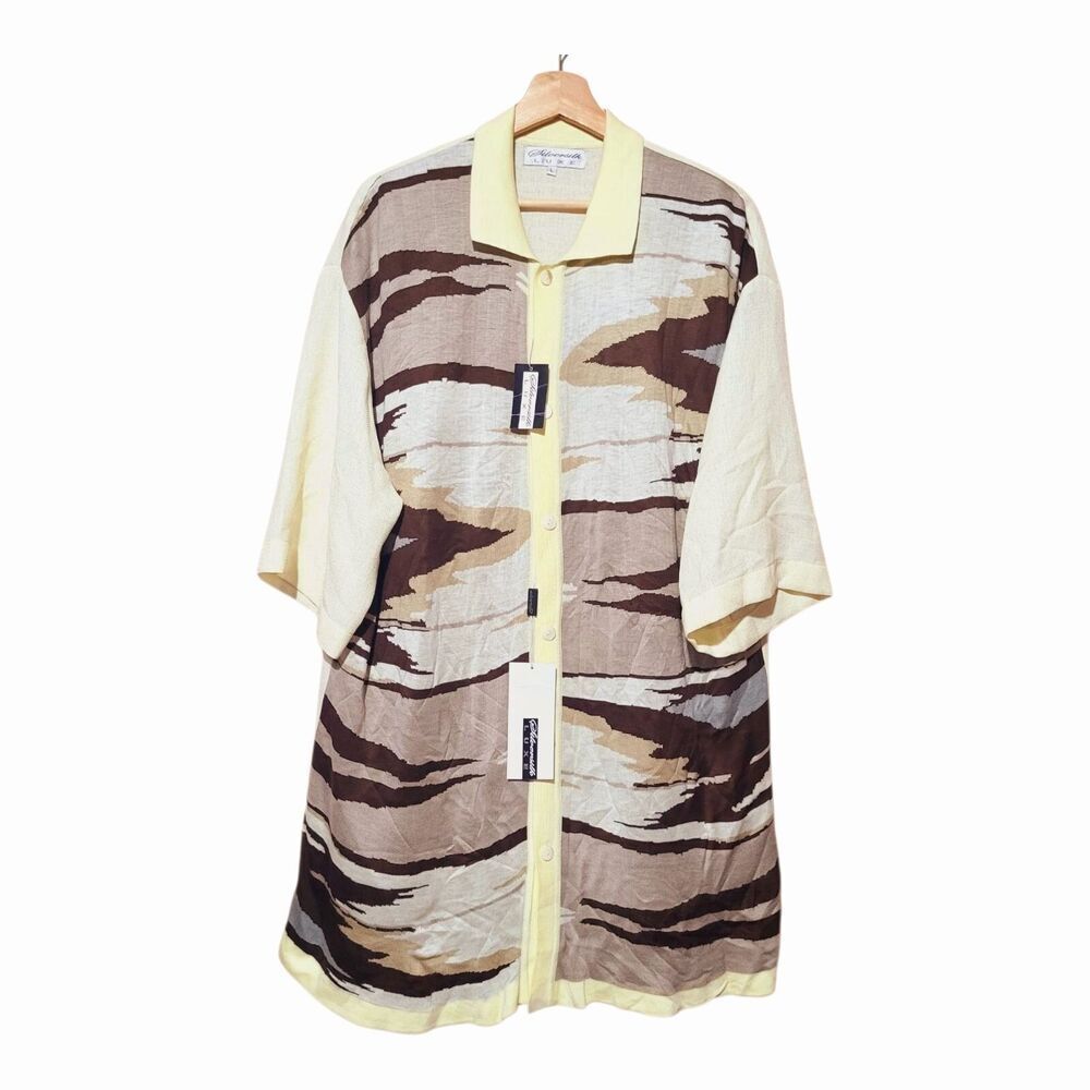 Silversilk Luxe Cream & Brown Linen Blend Knit Button-Up Cardigan Unisex L-‎ XL
